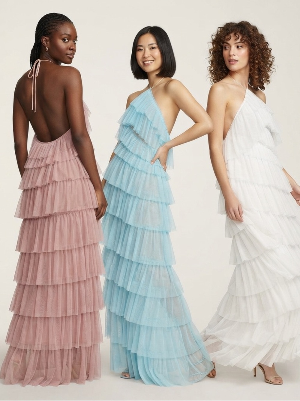 The Bar Henri Tiered Tulle Halter Maxi Gown